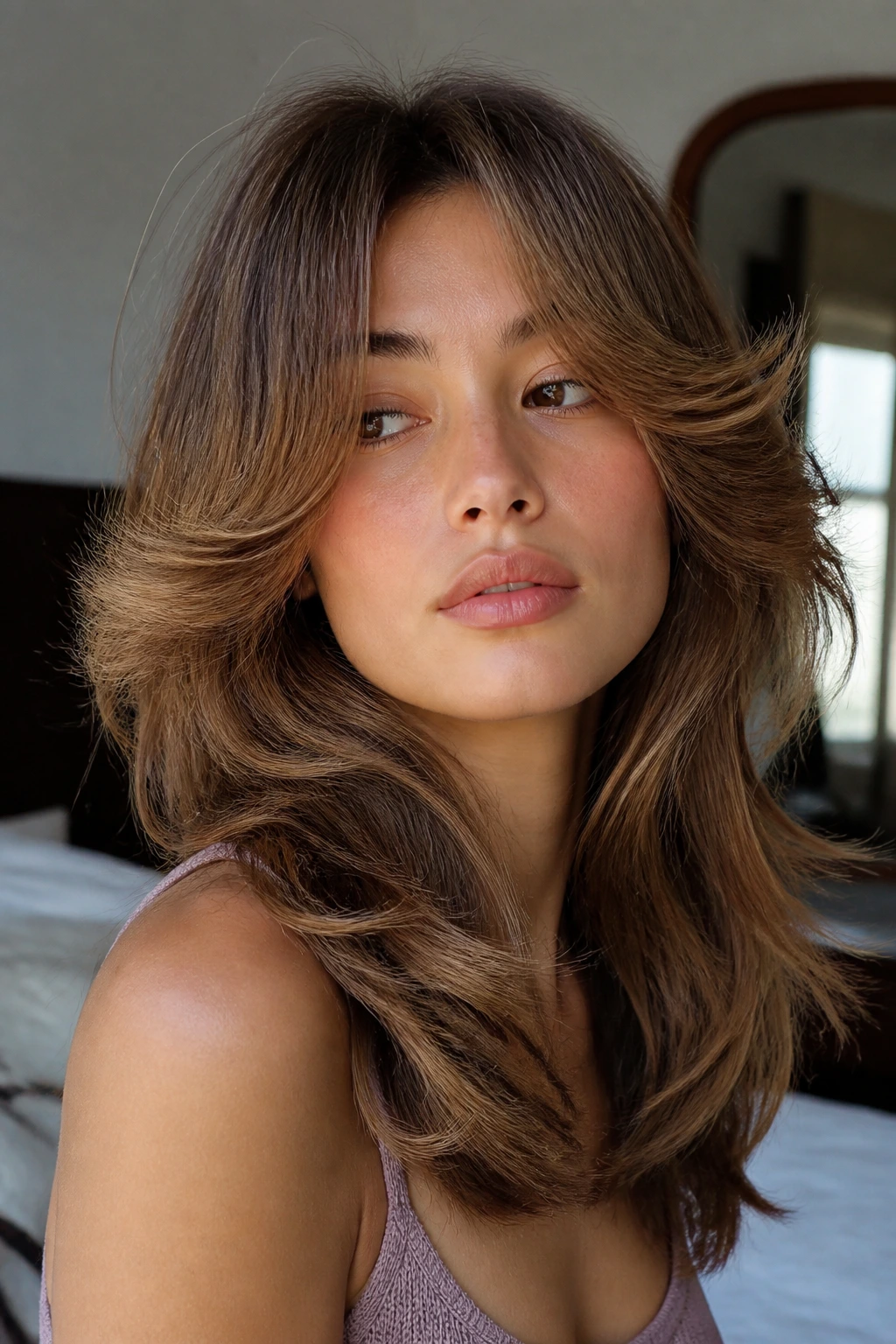Close-up portrait of a real woman with feathered 70s layers framing the face.