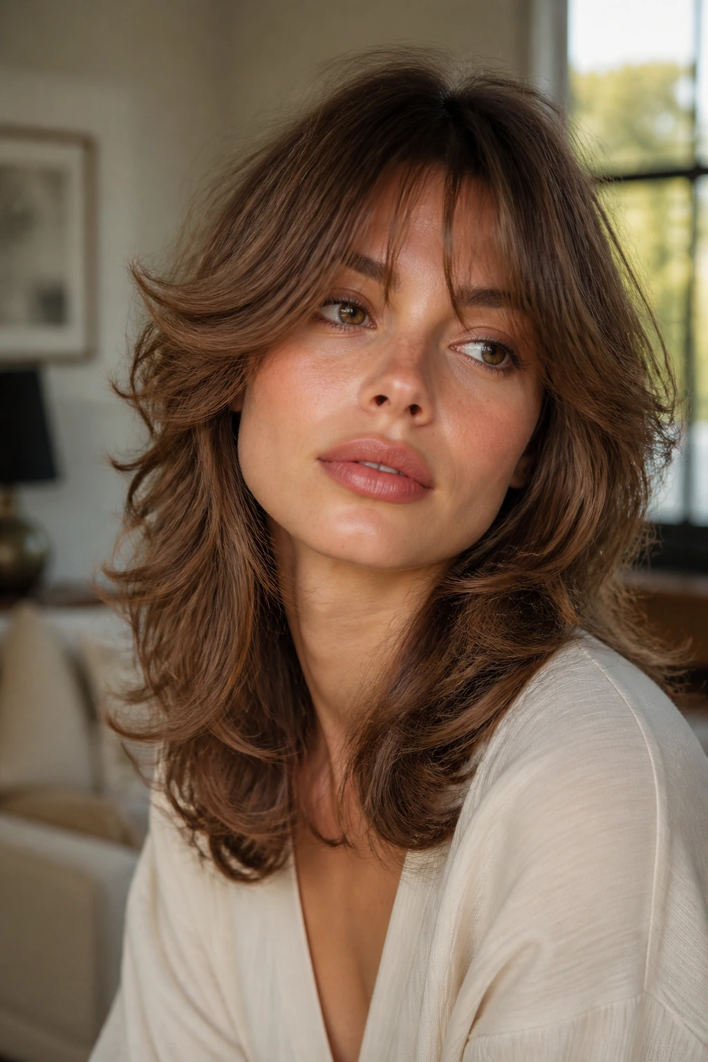 Close-up of a real woman with feathered layers around the face creating retro movement and shine.