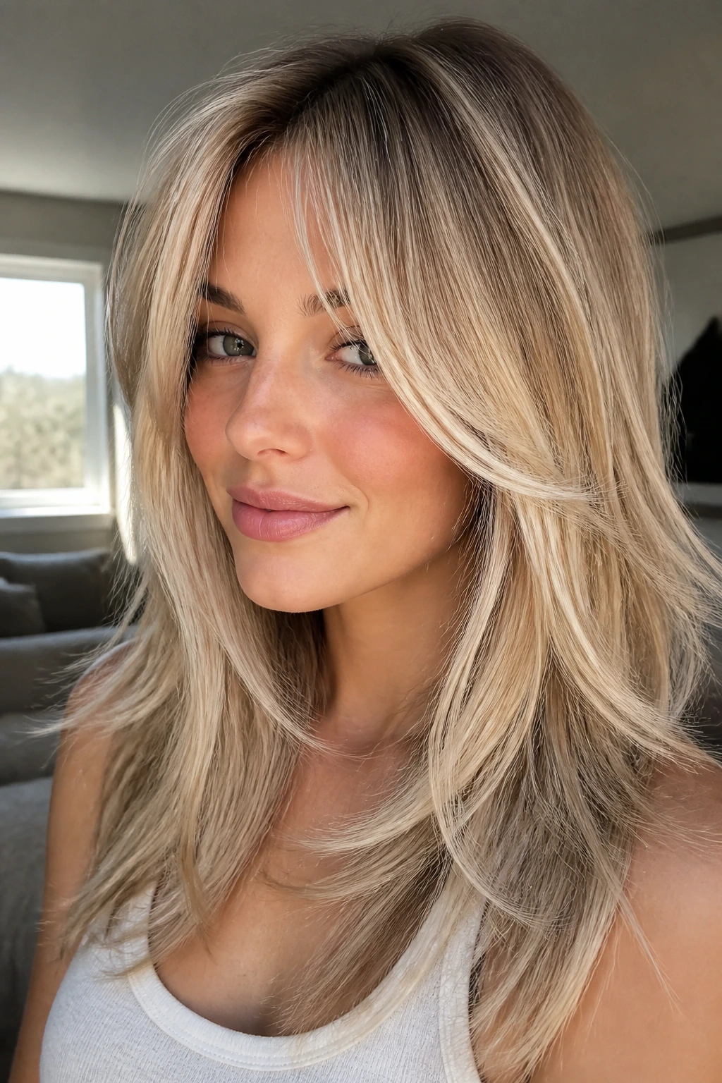 Close-up portrait of a real woman with feathered layers and shadow root