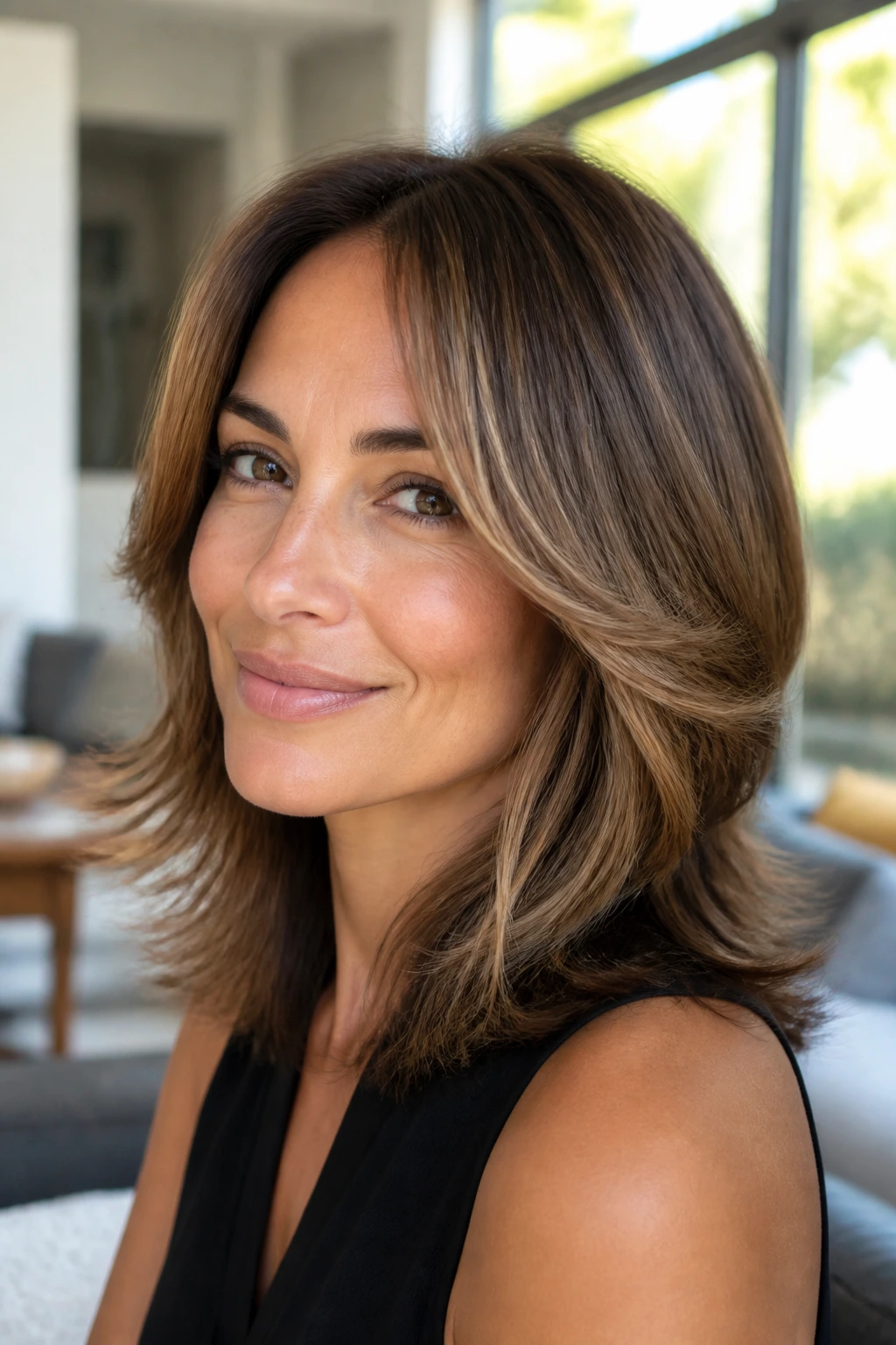 Close-up of a real woman with feathered, shoulder-length layers in motion.
