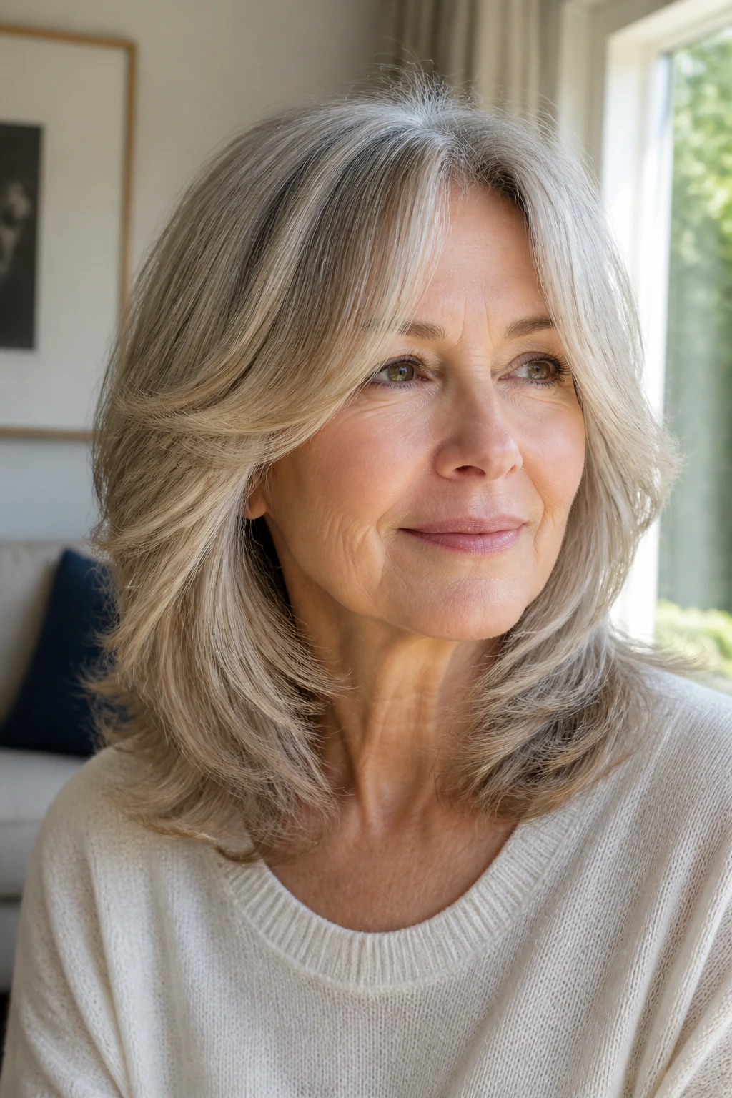 Portrait of a woman with feathered shoulder-length layers framing the face