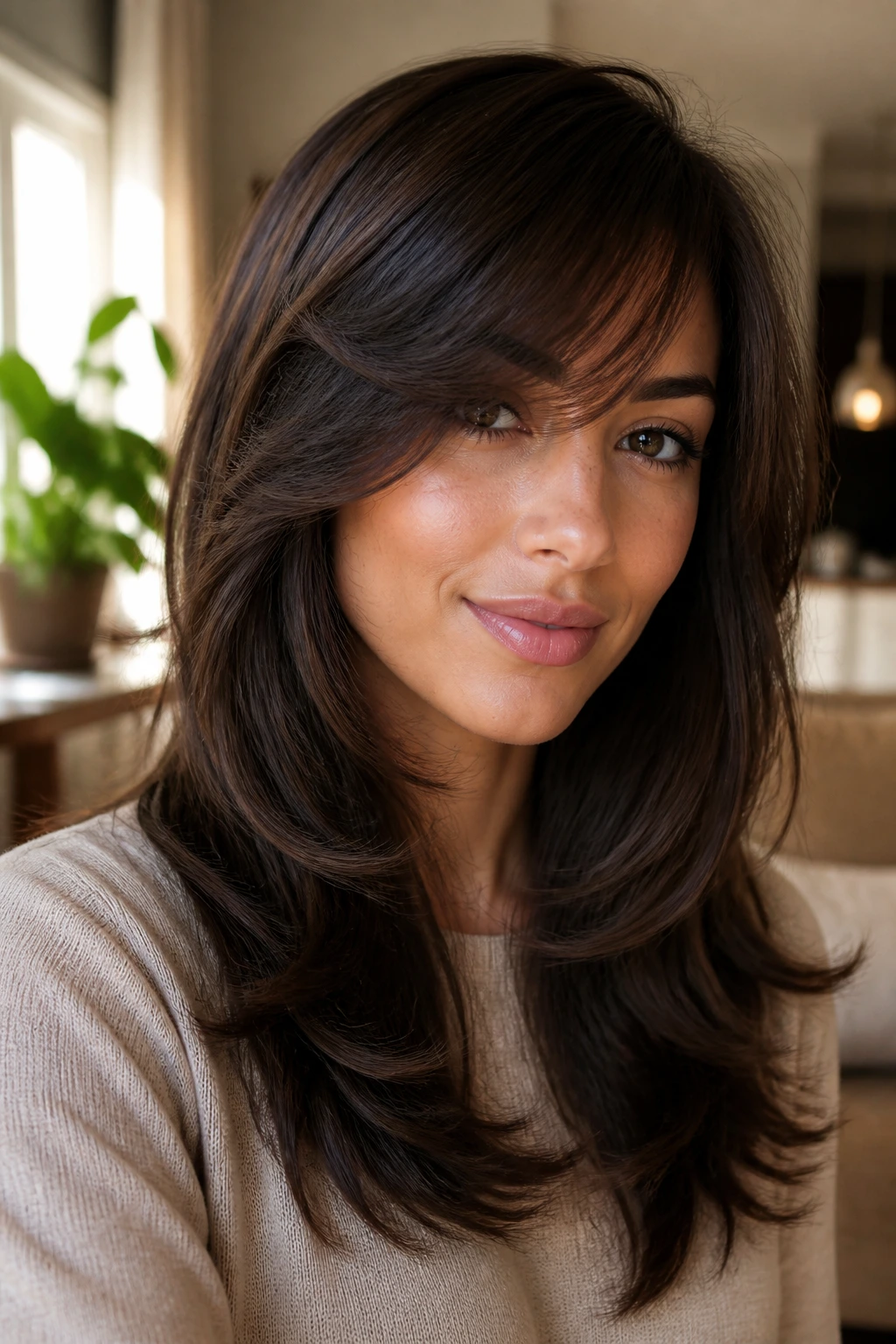 Close-up portrait of a real woman with feathered layers and side bangs in natural light.
