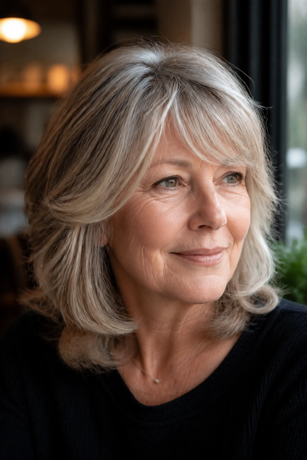 Portrait of older woman with feathered shoulder layers and side fringe
