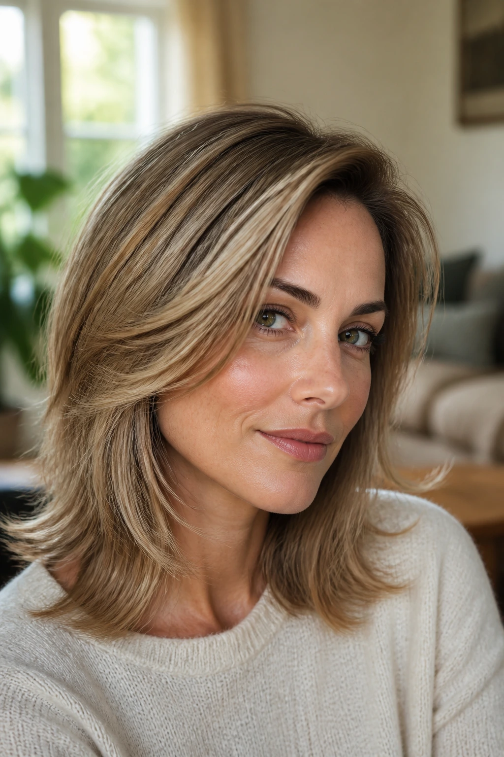 Portrait of a woman with feathered layers and side part, soft window light.
