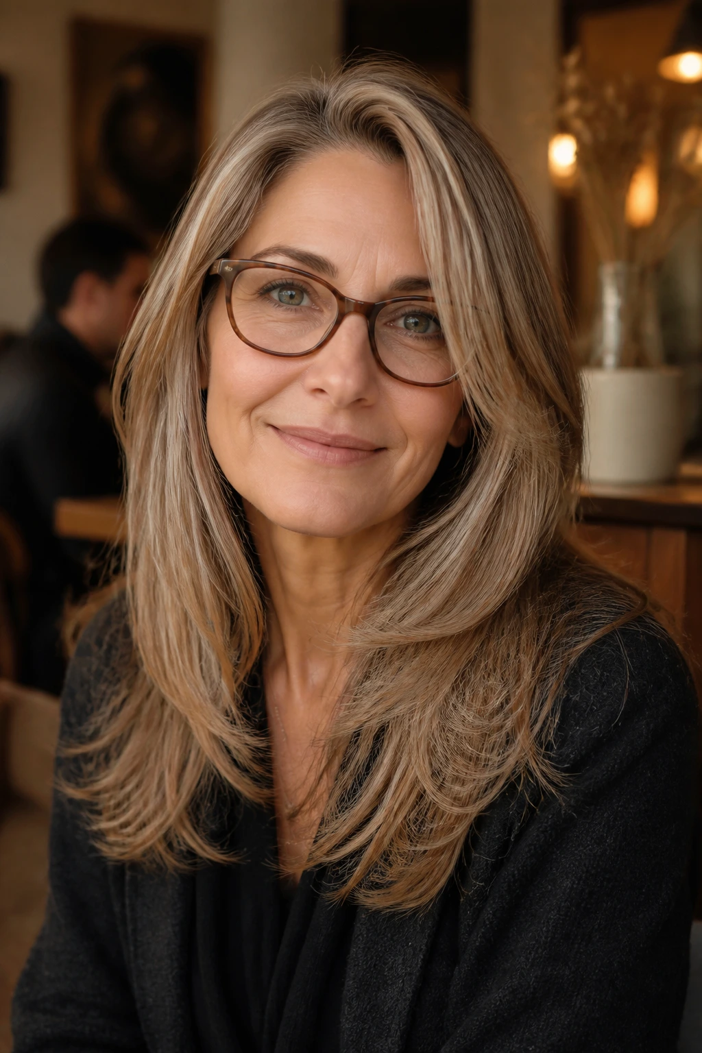 Real woman with feathered layers and a side part showing movement and lift.
