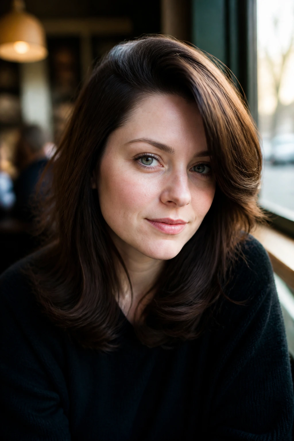 Close-up of feathered side-part layers on a real woman with medium brunette hair