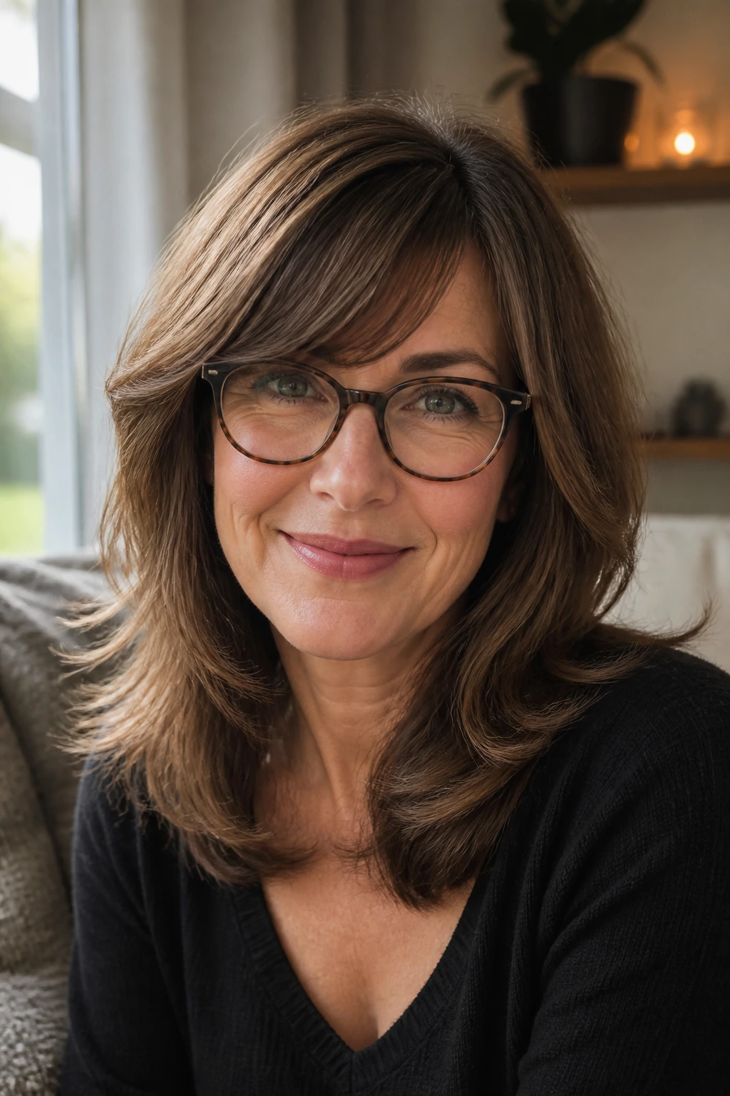 Portrait of a real person with feathered layers and side-swept bangs