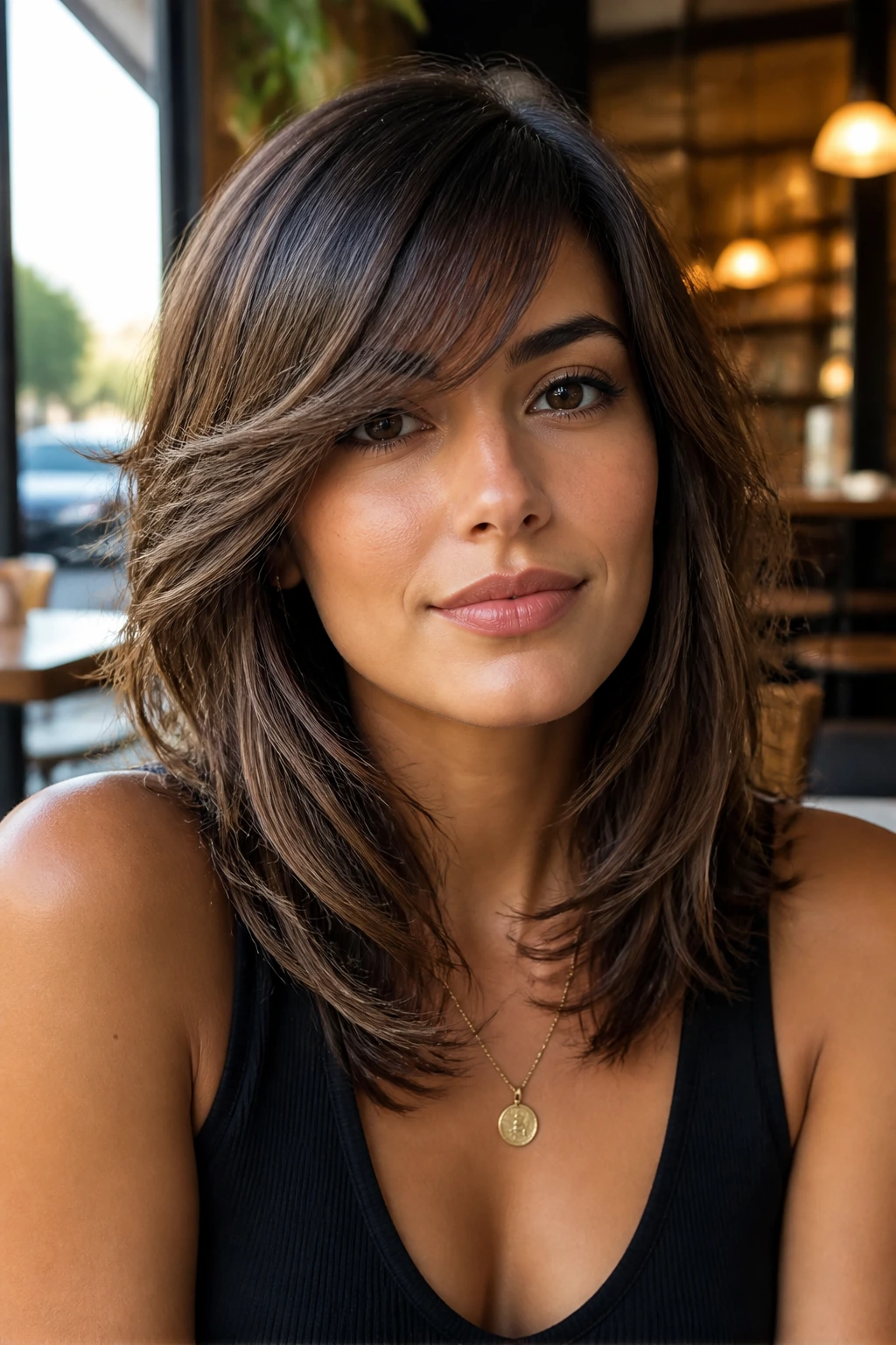 Close-up of a real woman with feathered layers and side-swept fringe in cool glaze