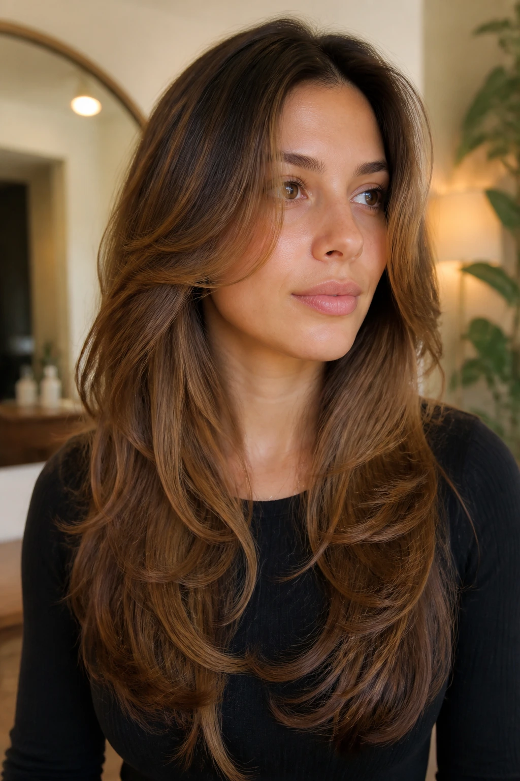 Portrait of a real woman with feathered layers in a round-brush blowout