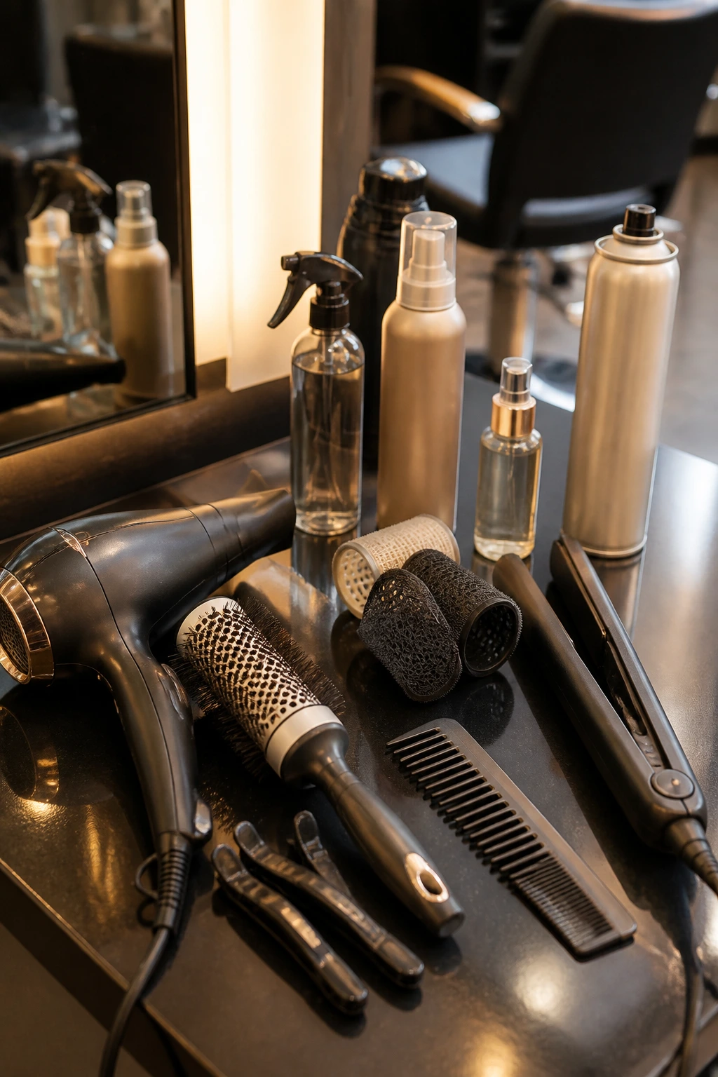 Close-up still life of essential hair tools for feathered layers on a salon counter.