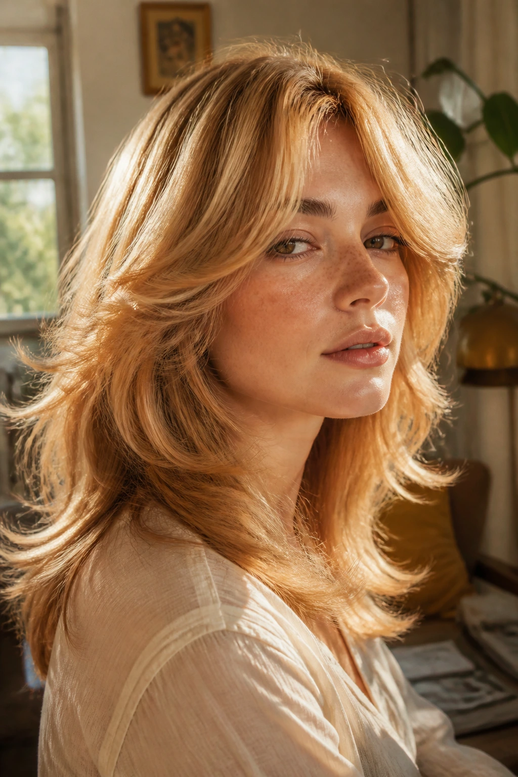 Close-up of a real woman with Feathered 70s Layers and warm tones.