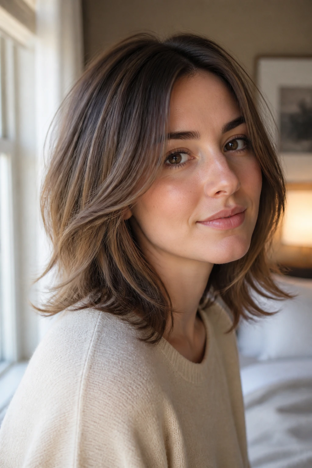 Close-up portrait of a real woman with a feathered lob and airy ends on fine hair