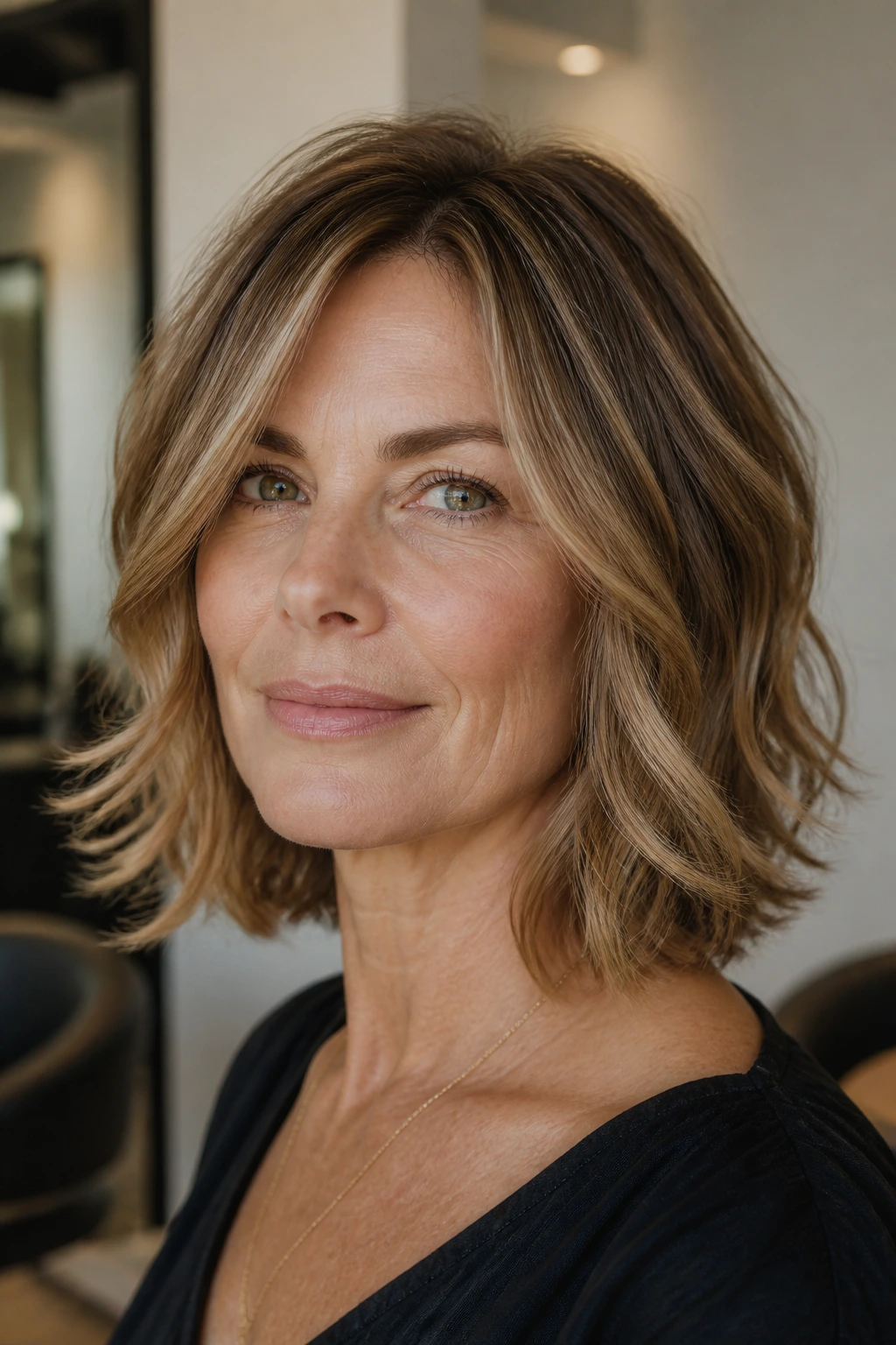 Close-up of a real woman with a feathered lob and bent ends in a salon setting