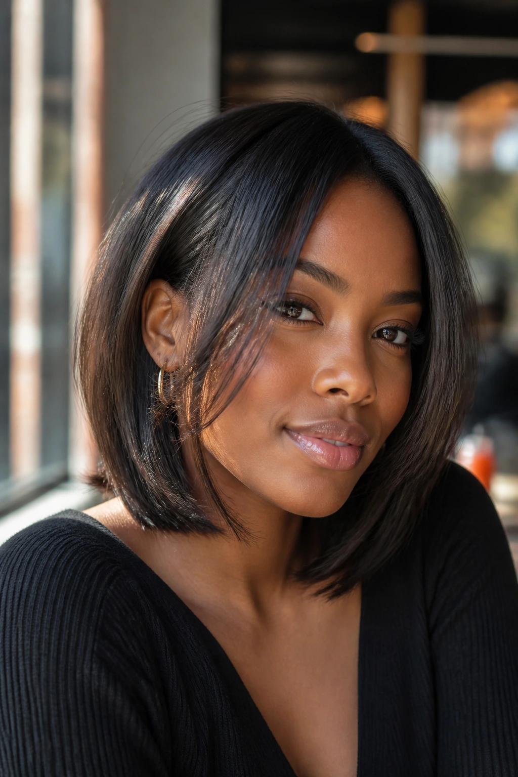 Portrait of a real Black woman with a feathered face-framing lob highlighting soft cheek framing pieces.