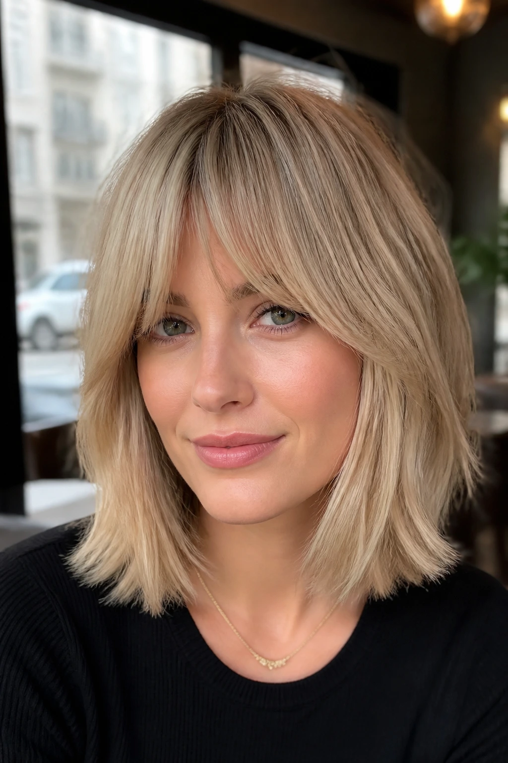 Portrait of a woman with feathered lob and bottleneck bangs in cafe window light.