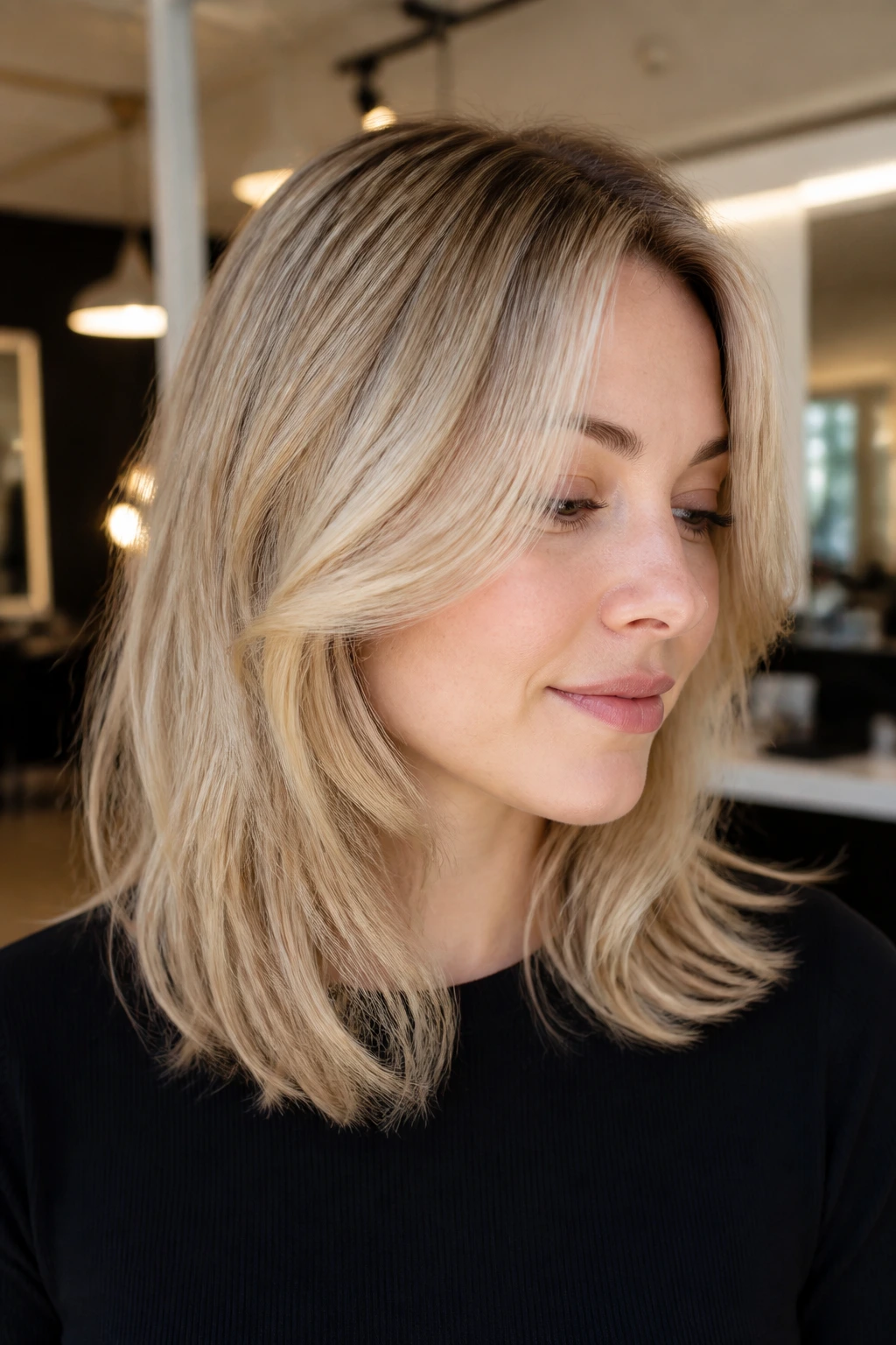 Close-up of a woman with a champagne blonde feathered lob.
