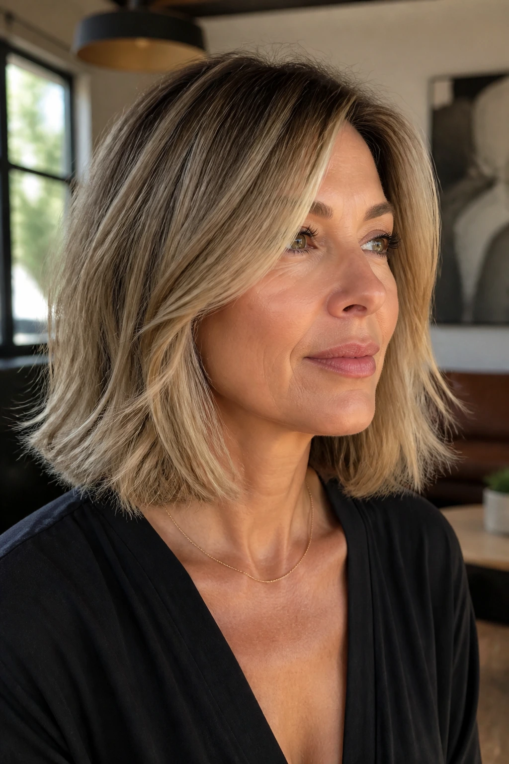 Close-up of a real woman with a feathered collarbone lob, ends softly feathered for movement.