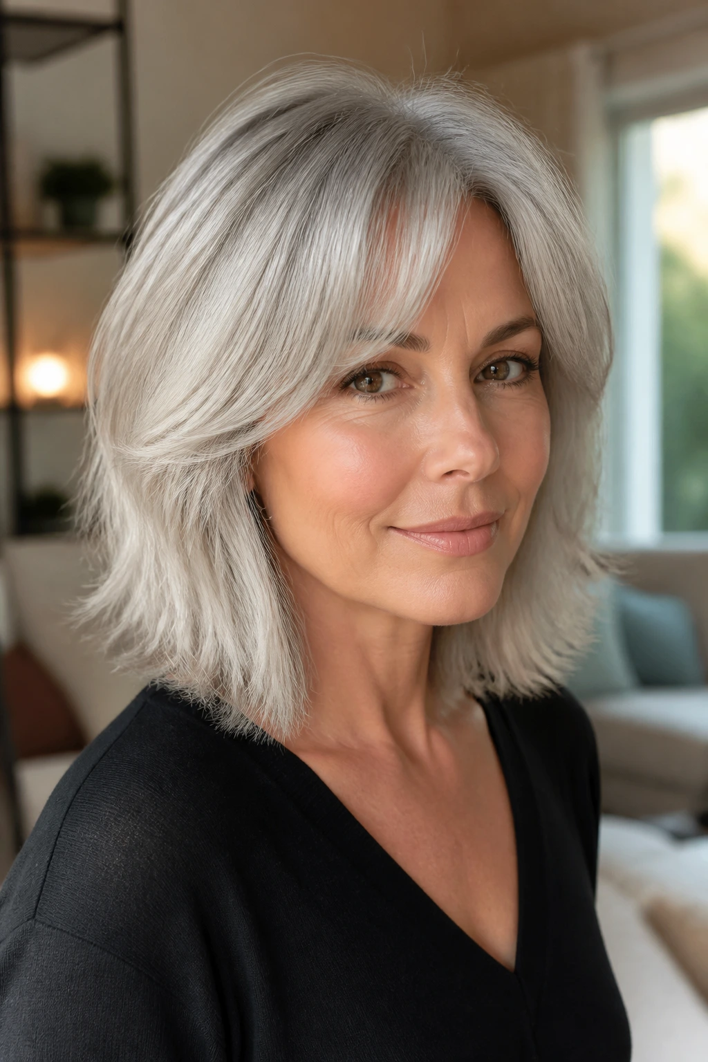 Real woman with feathered silver lob and curtain bangs, open face
