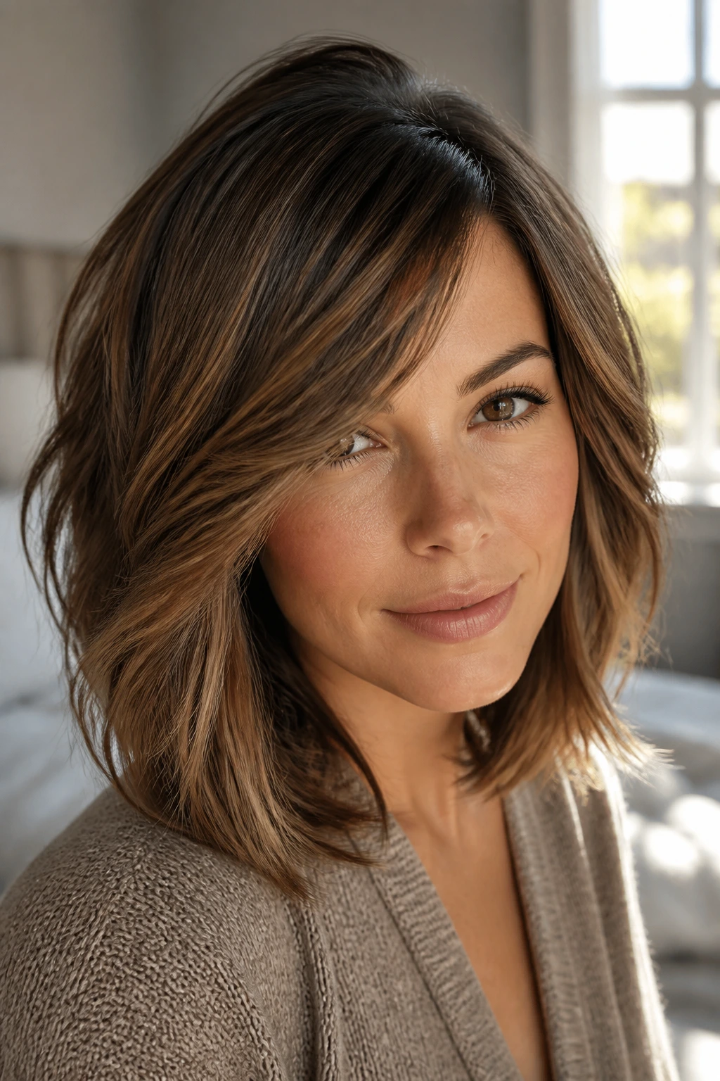 Close-up of a real woman with feathered lob and deep side part in warm window light