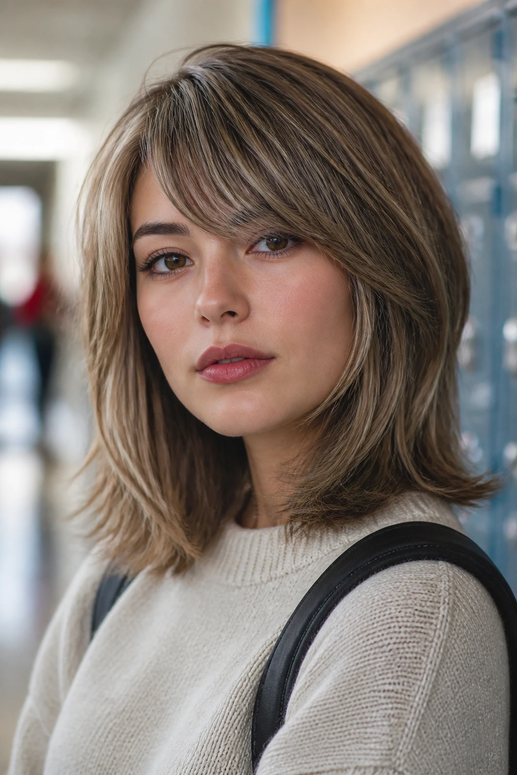 Close-up portrait of a real person with feathered lob and side-swept fringe in a school hallway setting