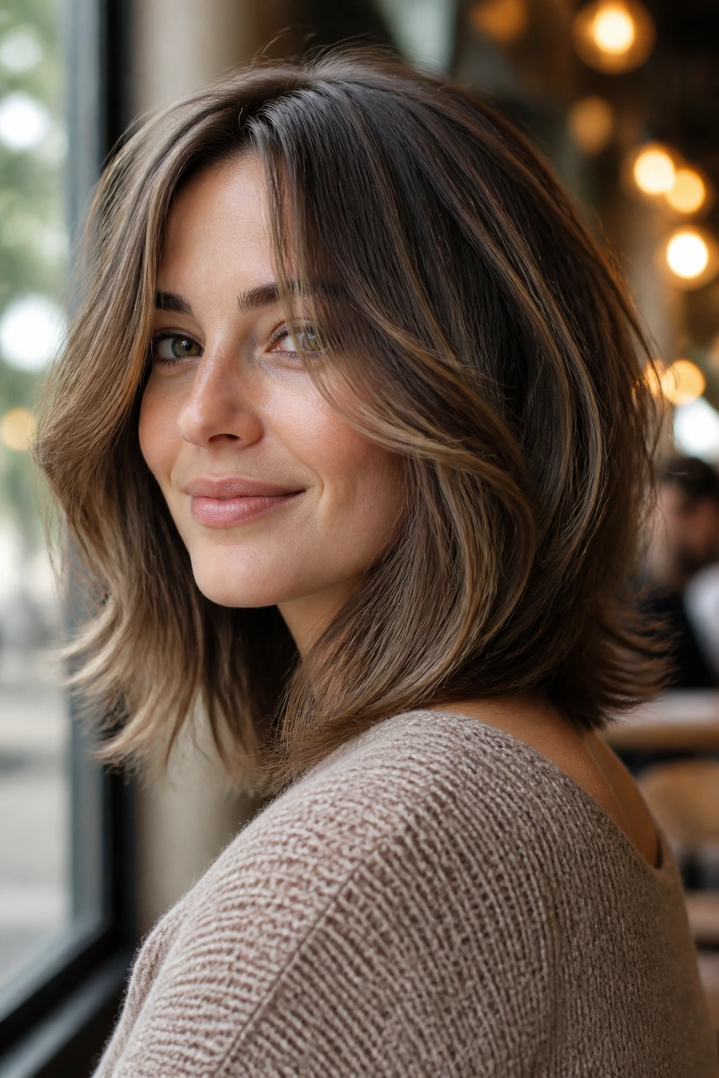 Close-up of a real woman with a feathered lob in soft daylight