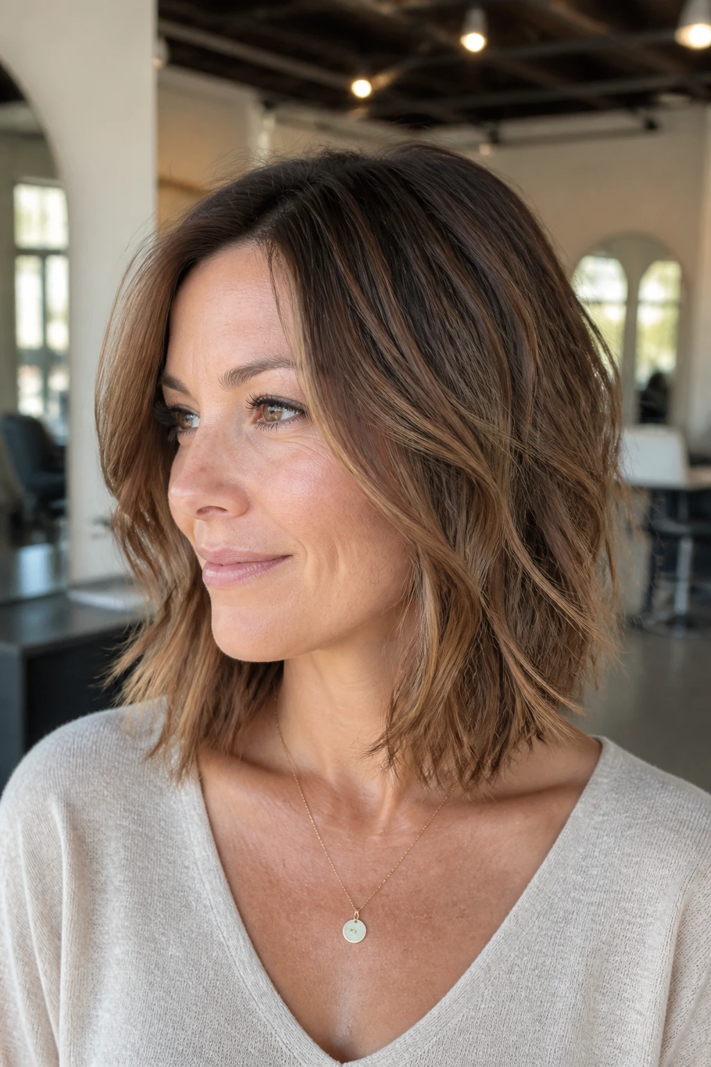 Close-up of a real woman with a feathered lob and interior graduation.