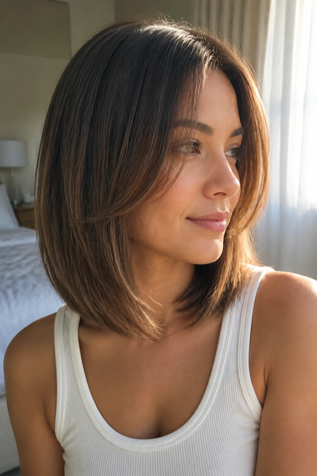 Portrait of a woman with a feathered lob and razor-lite ends.