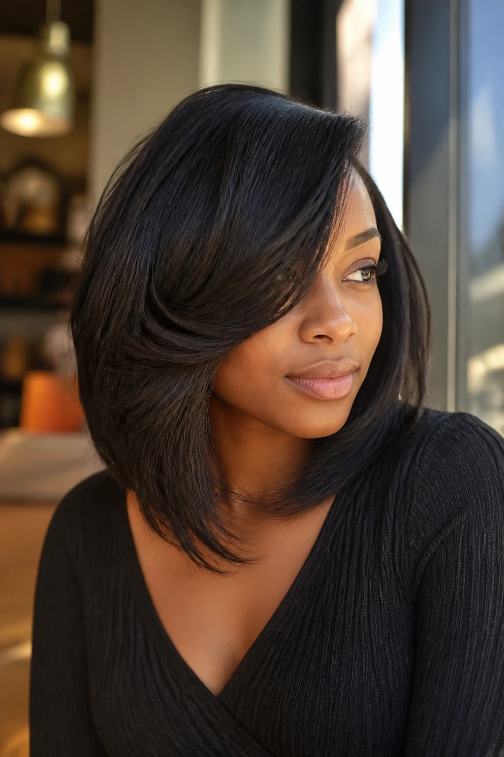 Close-up of a real woman with a side-part feathered lob, feathered front and mid-lengths