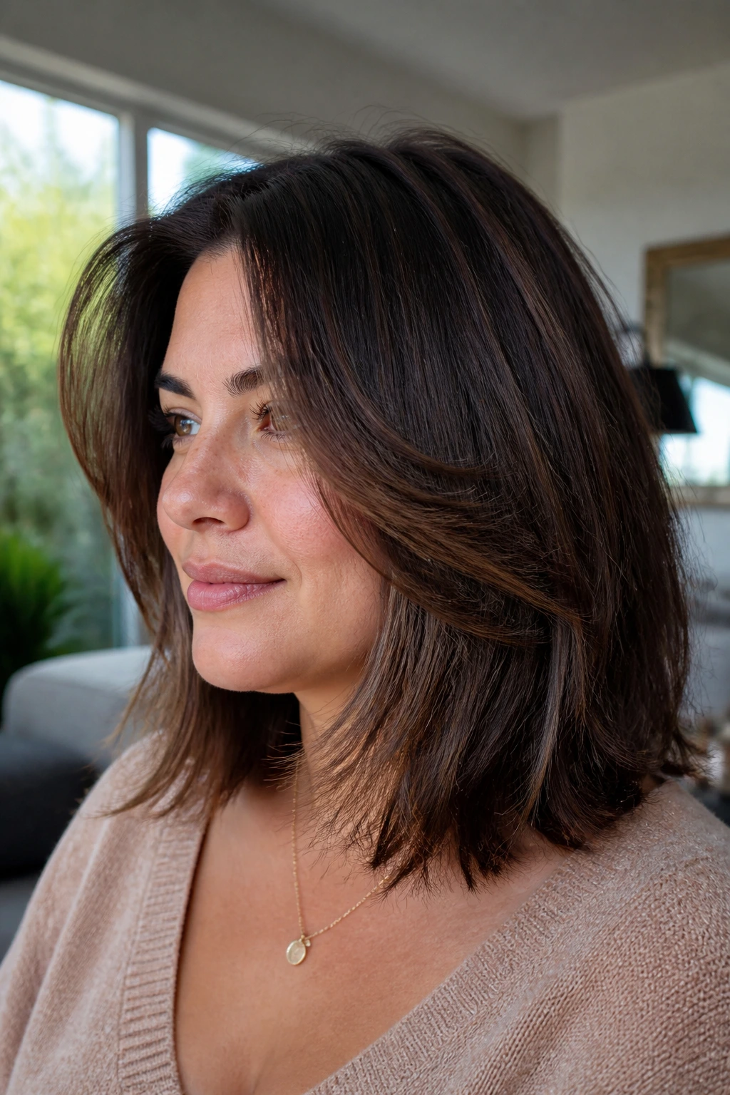 Portrait of thick-haired woman with feathered lob creating an airy silhouette.