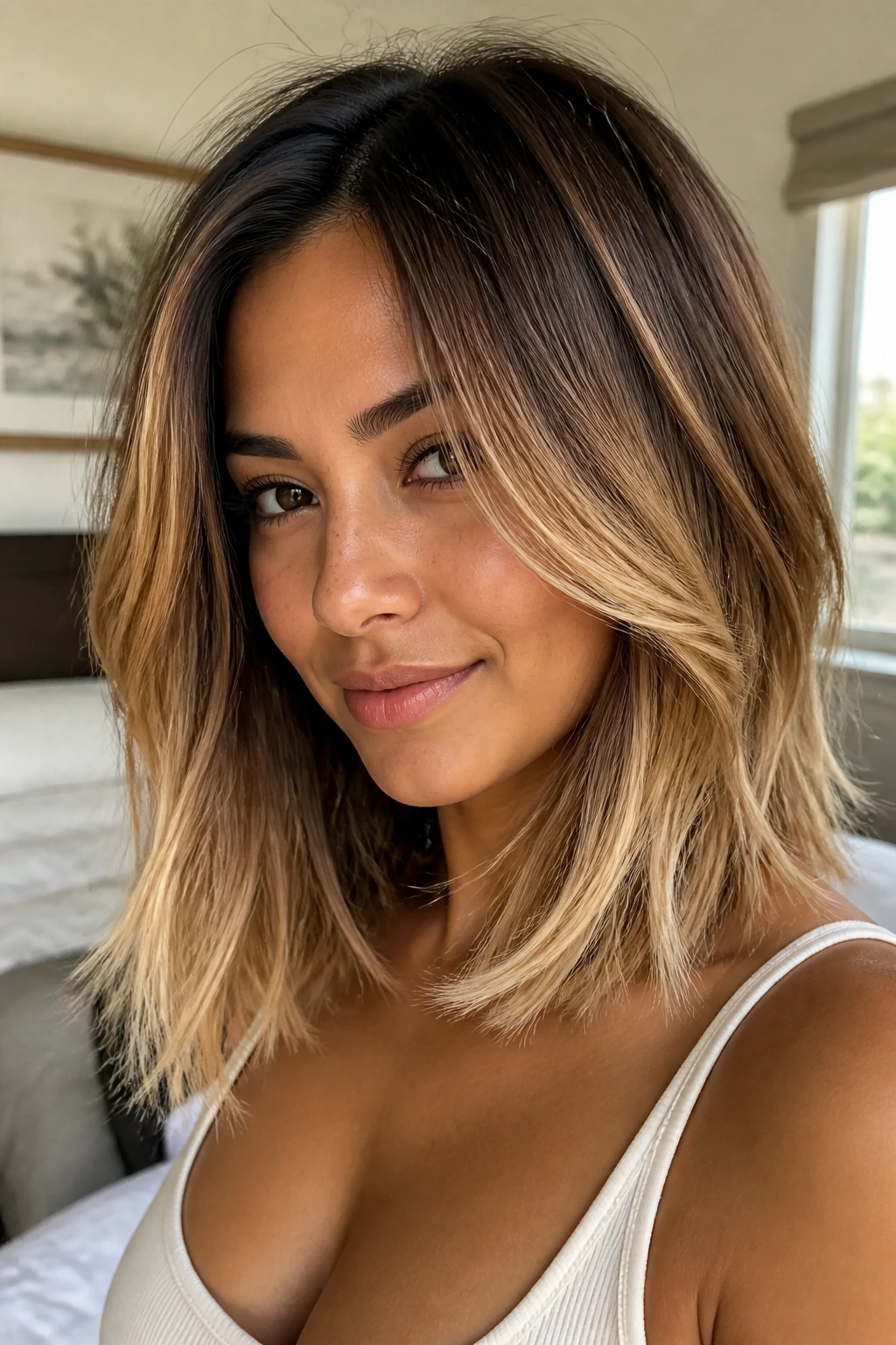 Close-up portrait of a real woman with a feathered long bob in caramel-to-butter blonde tones.
