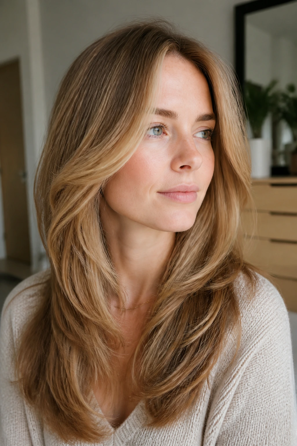 Close-up of a real woman with feathered long cut and subtle money piece framing the face