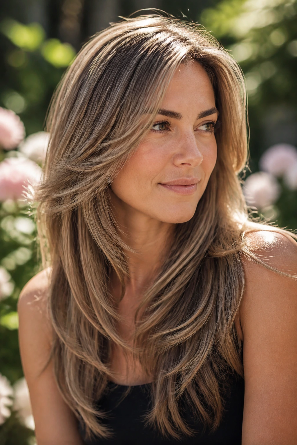Close-up portrait of a real woman with feathered long cut and beige blonde tones.