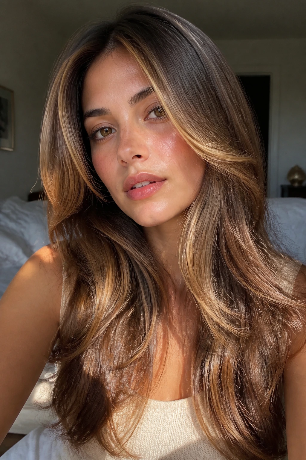 Close-up of a real woman with long feathered hair framing her face