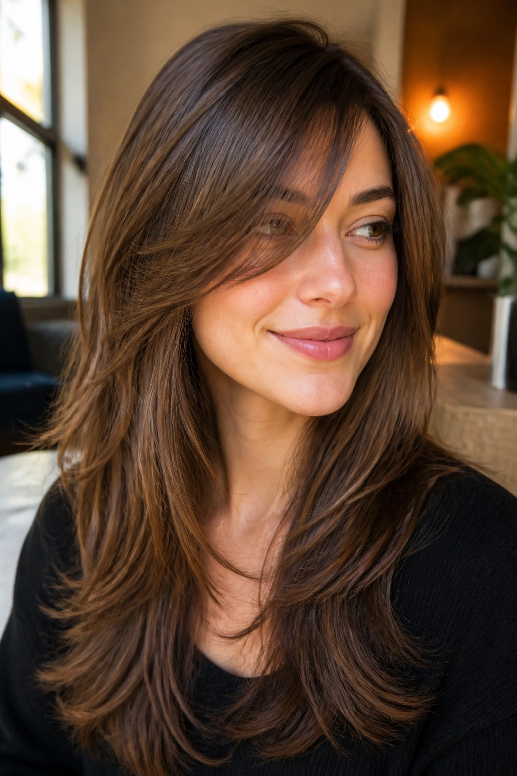Portrait of a woman with feathered long cut and side bangs framing face