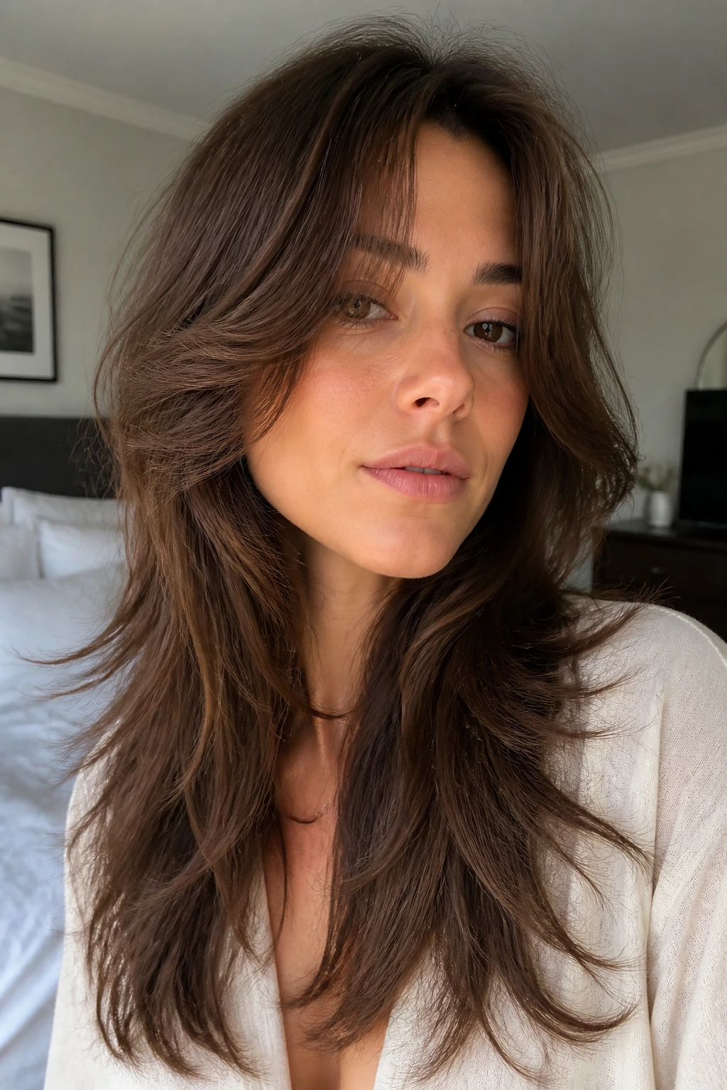 Close-up of a woman with feathered long layers and movement around jawline