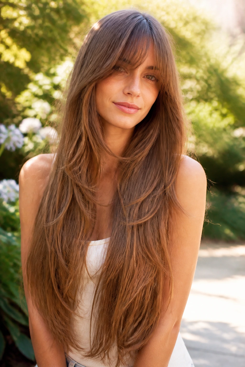 Close-up portrait of a real person with feathered extra-long hair and airy bangs in a garden setting