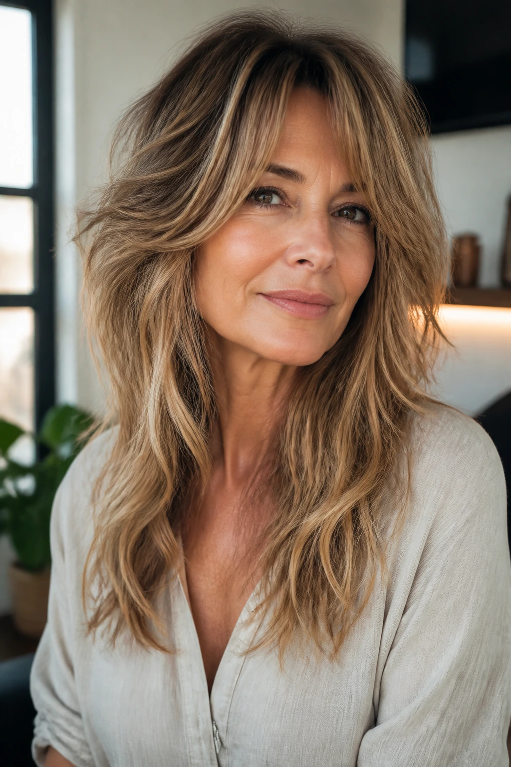Portrait of a woman with feathered long shag layers and airy texture