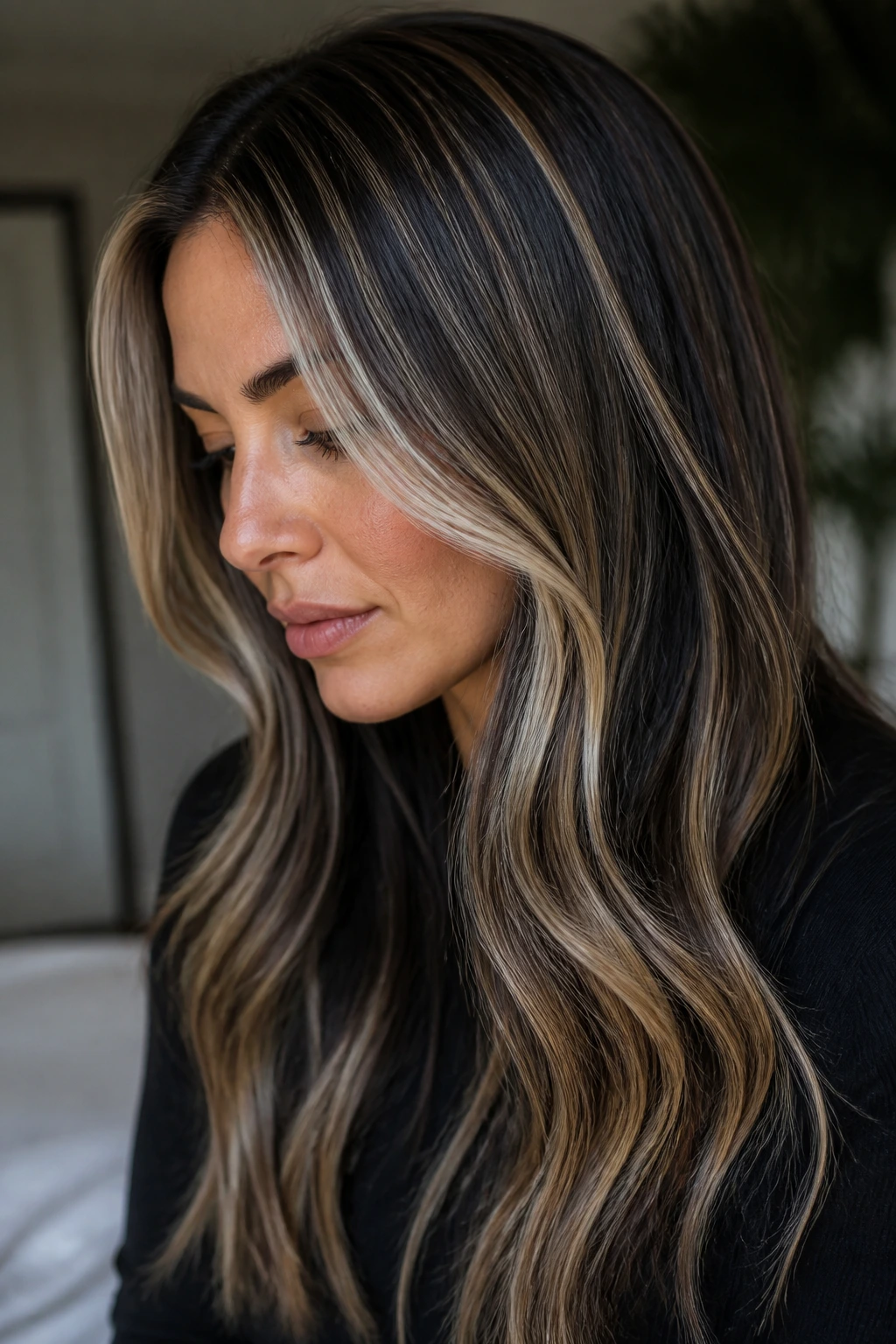 Close-up showing feathered lowlights around platinum ribbons in brunette hair