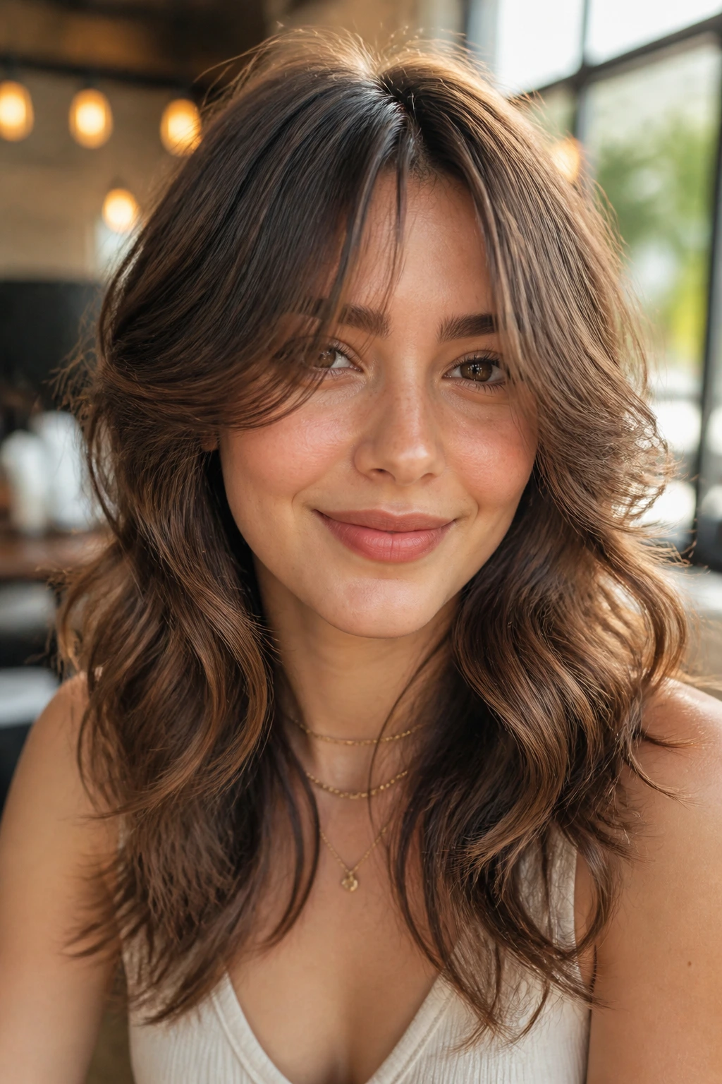 Close-up of a real woman with feathered layers and ribbon waves and curtain bangs.