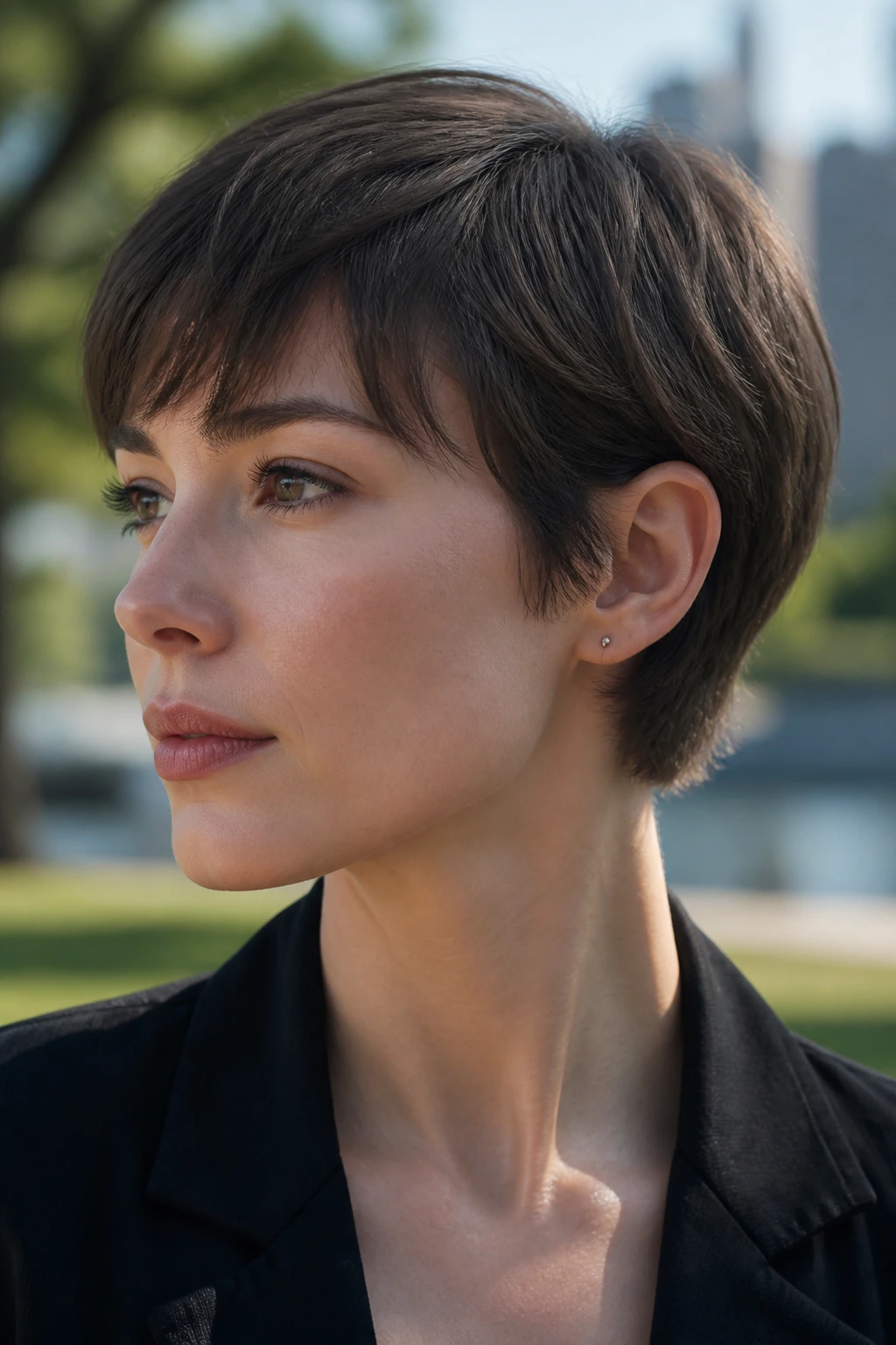 Close-up portrait of a woman with a feathered micro bob, movement at feathered ends.