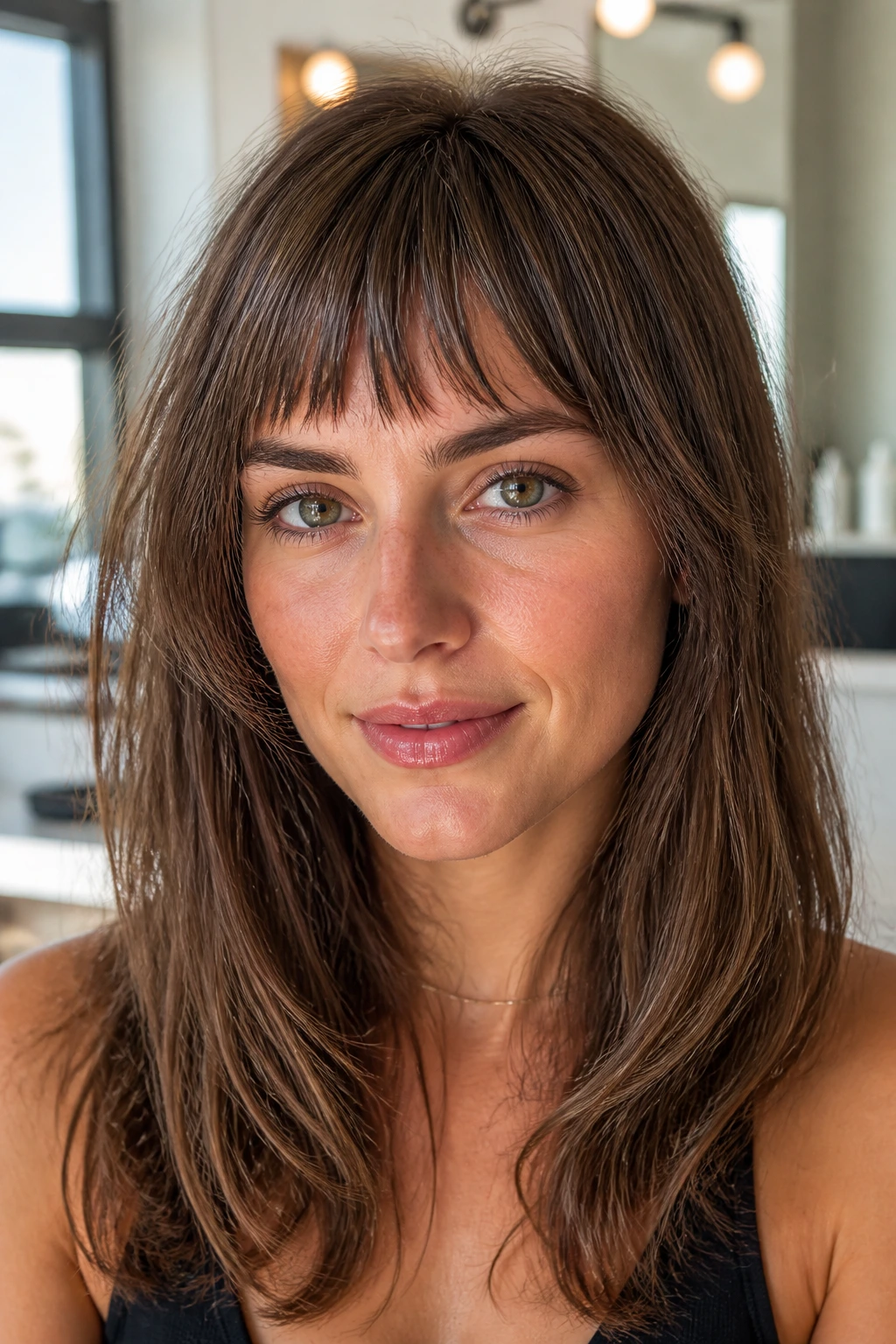 Close-up portrait of a real woman with feathered micro-chops that lift fine hair.