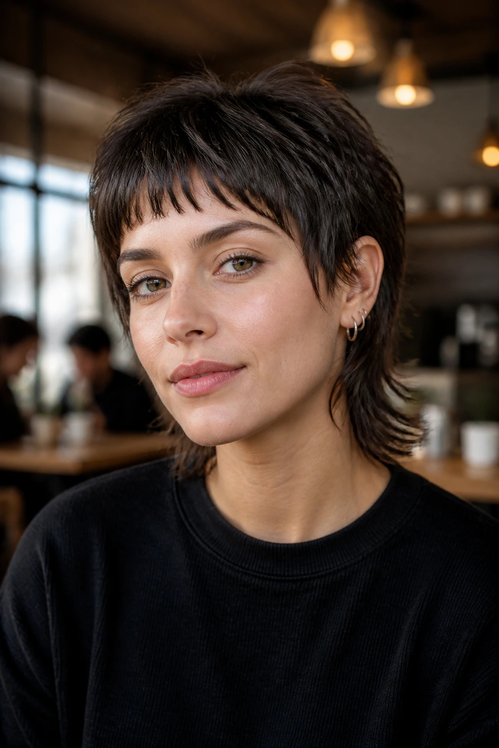 Close-up portrait of a real person with a feathered micro mullet in warm cafe light