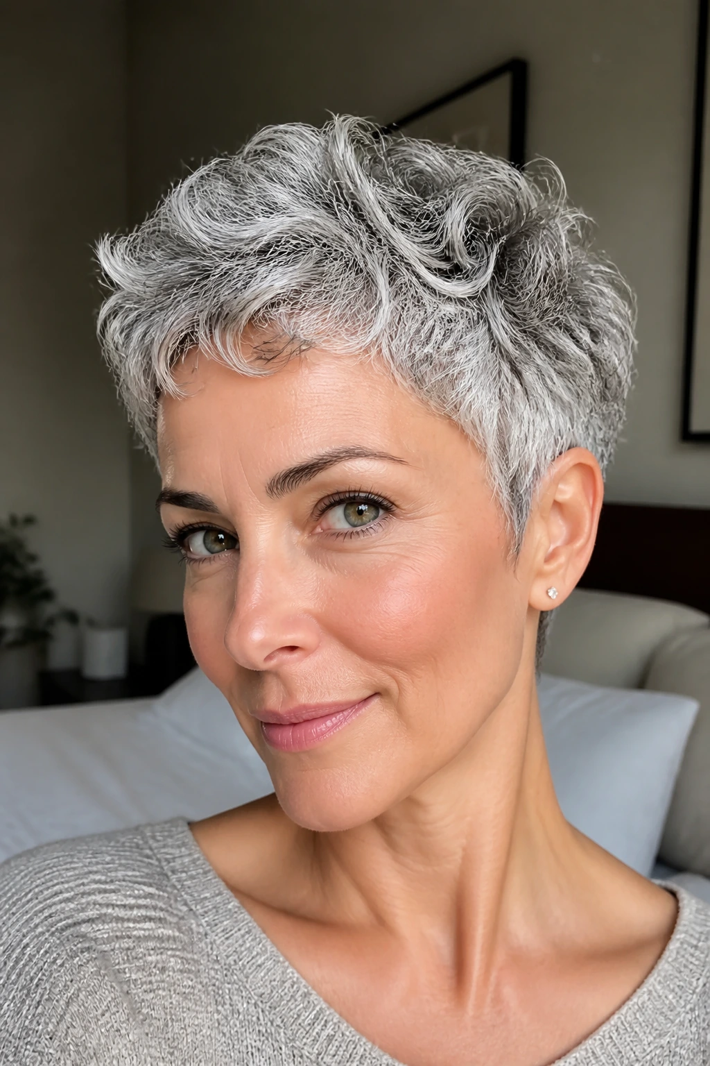 Close-up of a real woman with feathered micro-pixie for fine curls and silver tones in window-light room