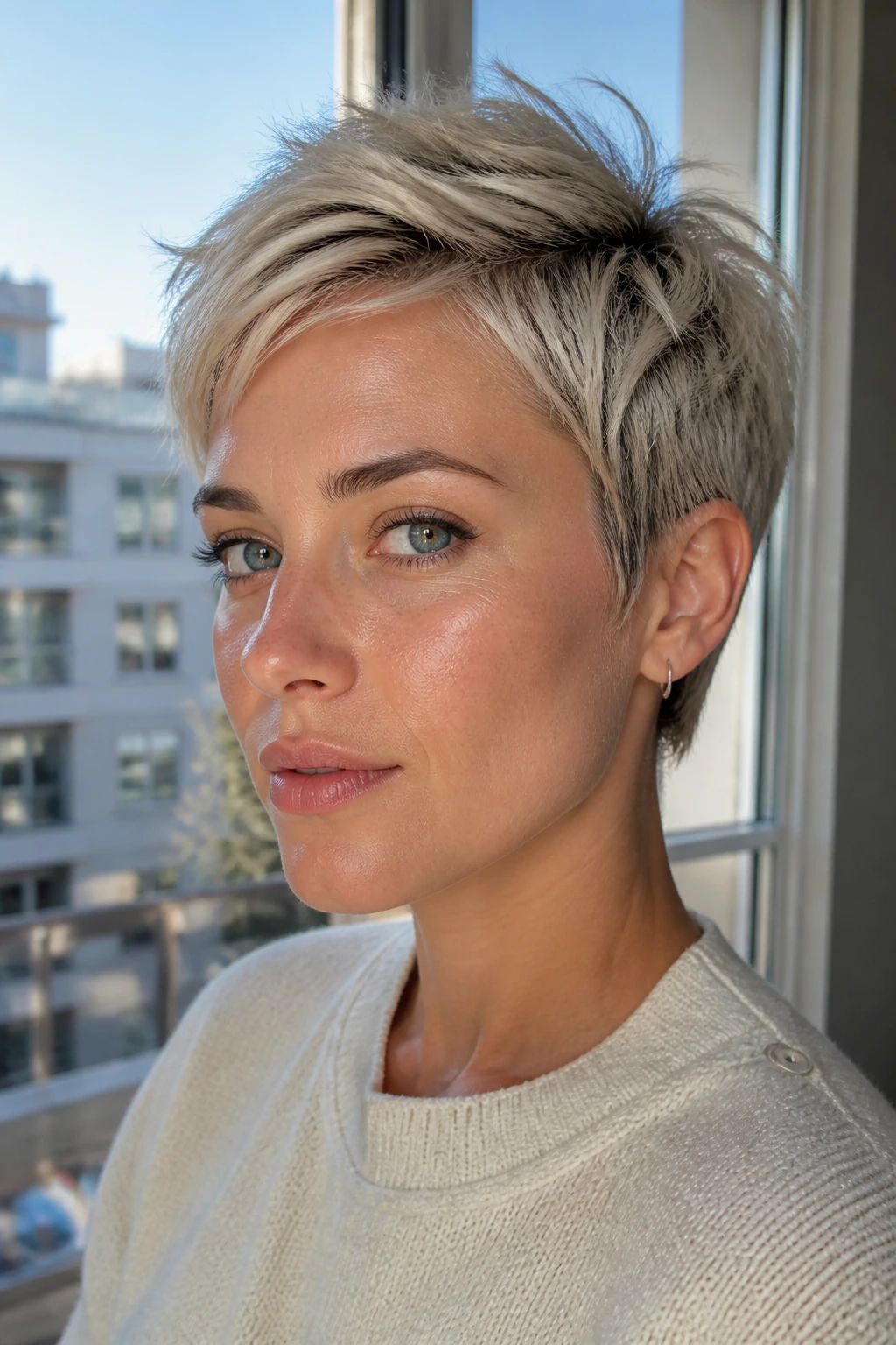 Close-up of a real woman with feathered micro pixie showing light feathering and crown lift