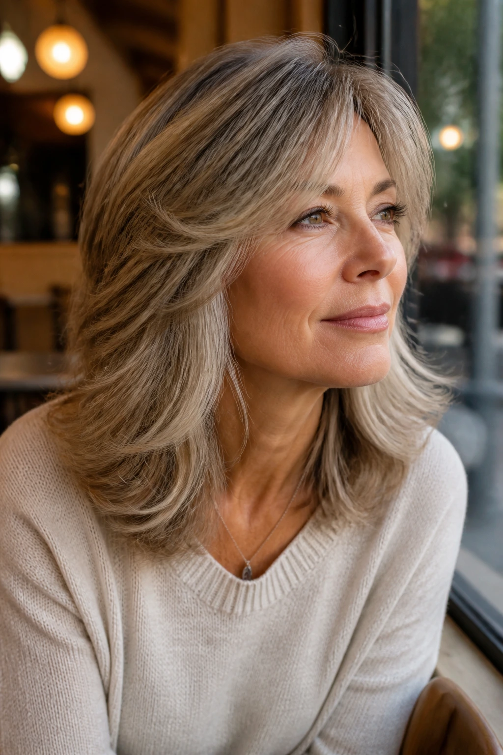 Portrait of a real woman with feathered mid-length cut
