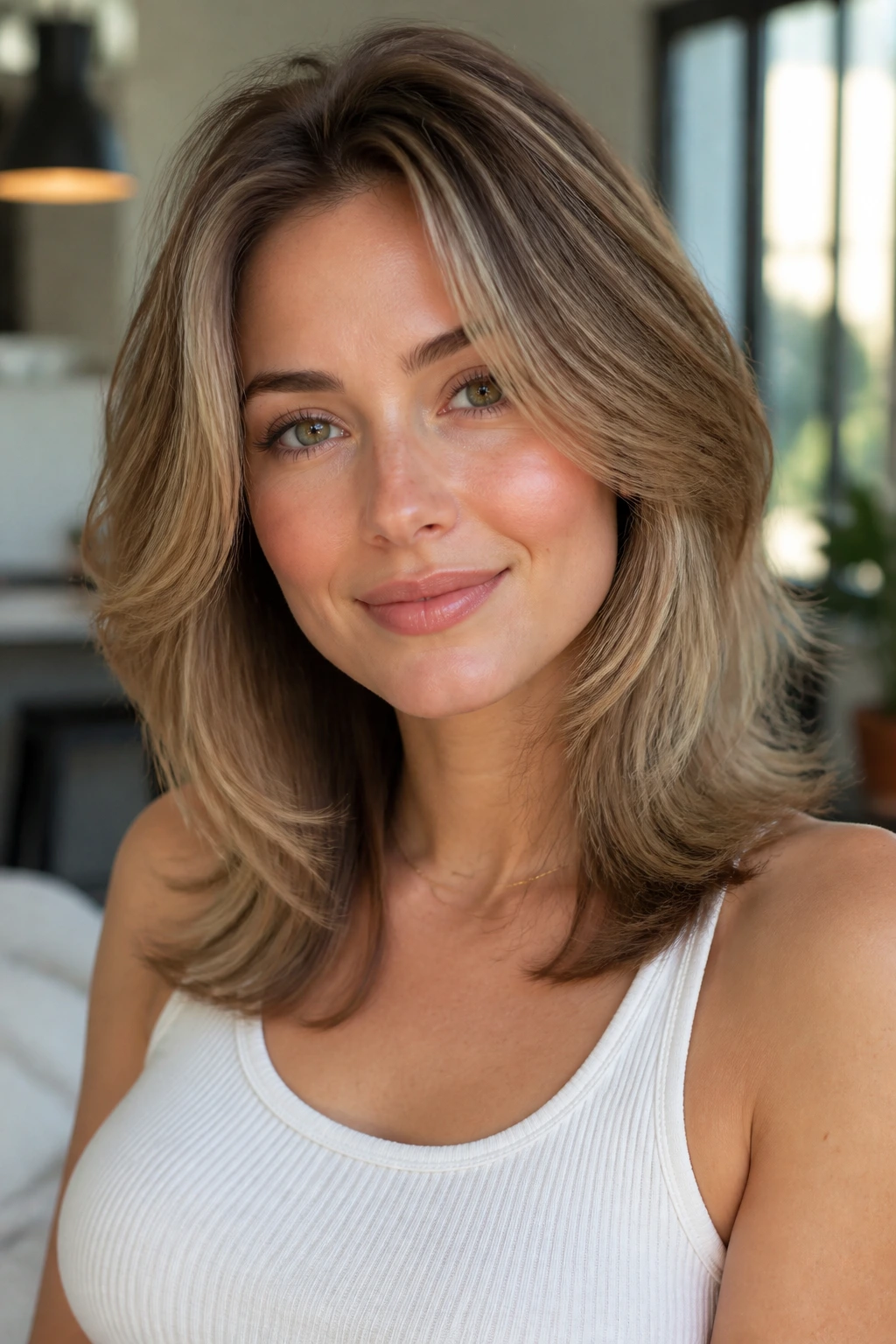 Close-up of a woman with feathered mid-length layers in bright home lighting