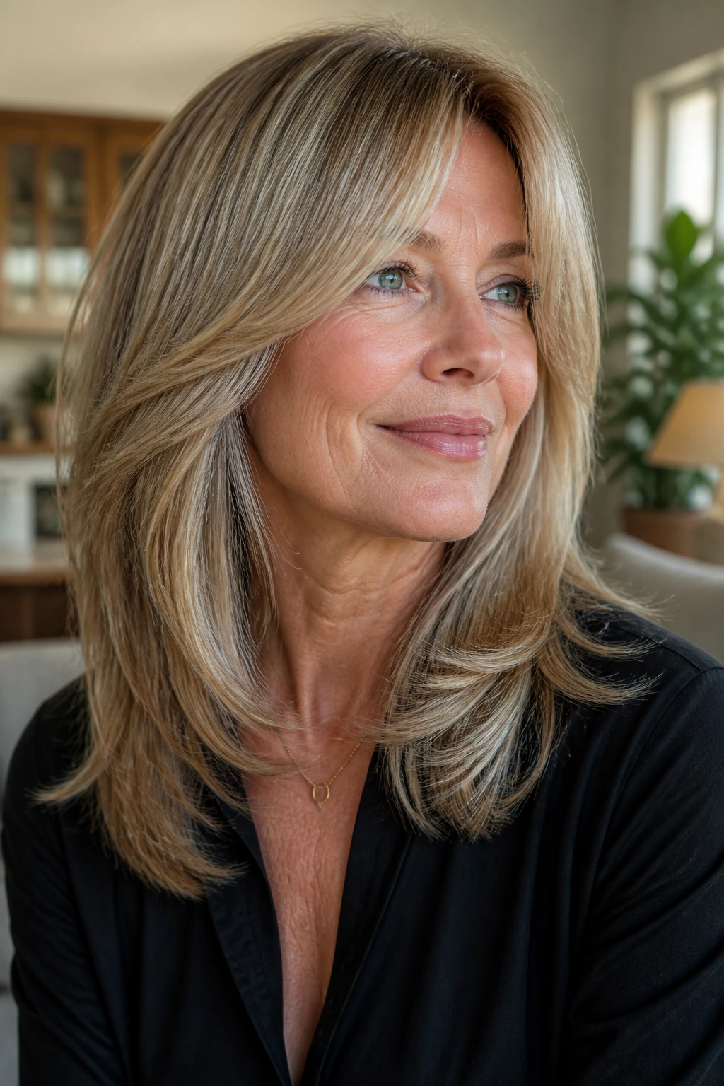 Real woman with feathered mid-length layers and polished ends