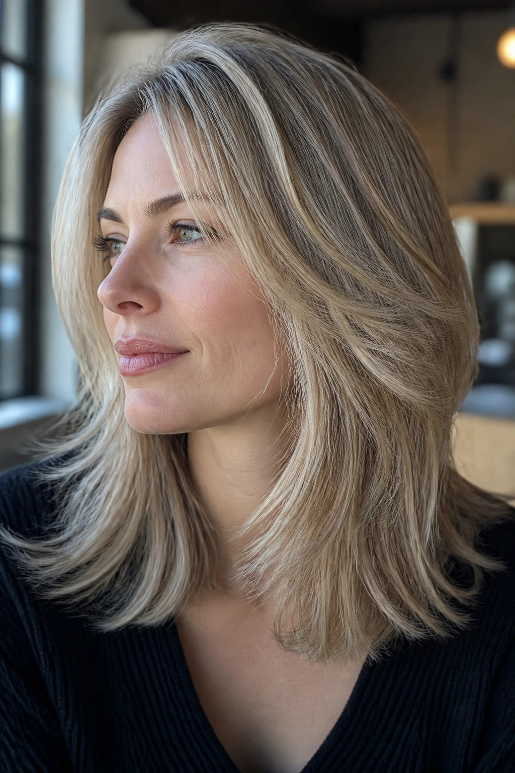 Real woman with feathered mid-length hair and cool lowlights