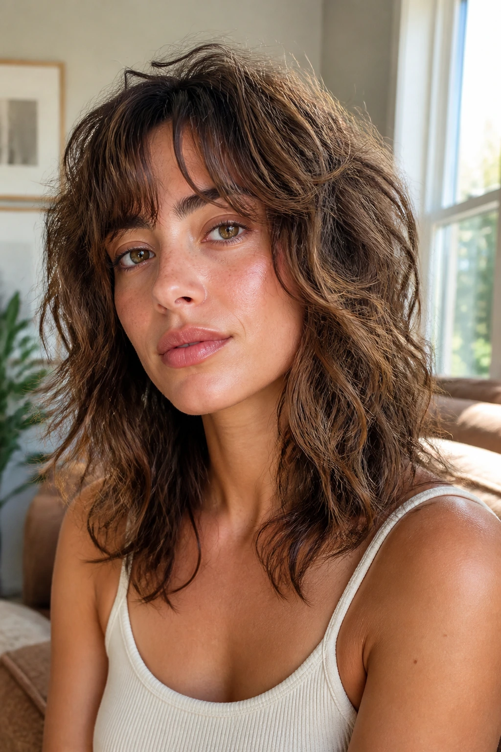 Close-up of woman with feathered mid-length shag hairstyle