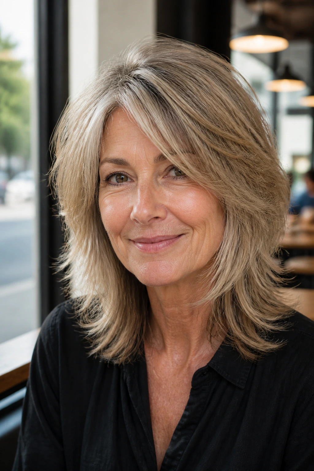 Real woman with feathered mid-length shag and side part in a cafe setting